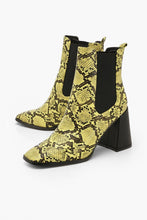 Load image into Gallery viewer, FLARE SNAKE BLOCK HEEL CHELSEA BOOTS