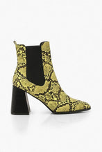 Load image into Gallery viewer, FLARE SNAKE BLOCK HEEL CHELSEA BOOTS
